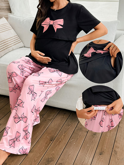 Comfortable Bow Print Maternity Pajama Set for Women with Round Neck Short Sleeve Wide Leg Two Piece Style
