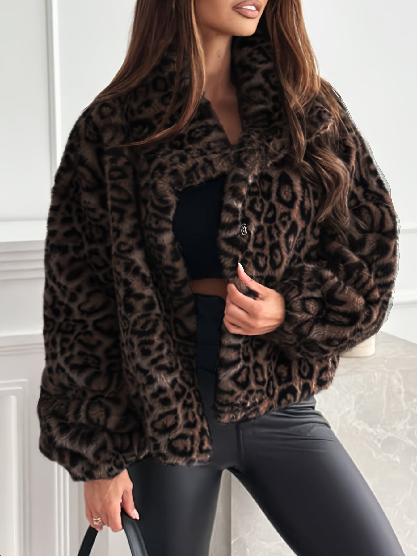 Cozy Leopard Print Flurry Coat for Women with Faux Fur Collar Long Sleeve Plush Warm Winter Style