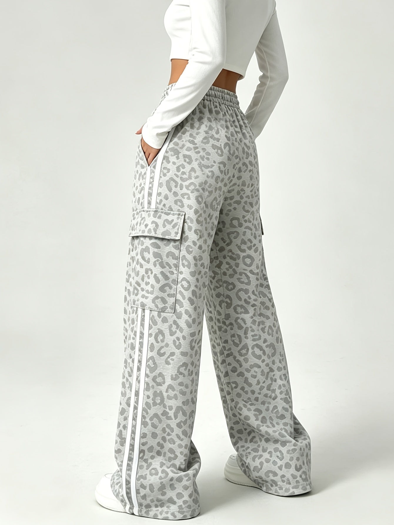 Effortless Leopard Print Cargo Pants for Women with High Waist Drawstring Wide Leg Relaxed Style