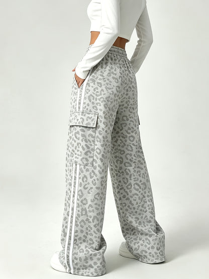 Effortless Leopard Print Cargo Pants for Women with High Waist Drawstring Wide Leg Relaxed Style