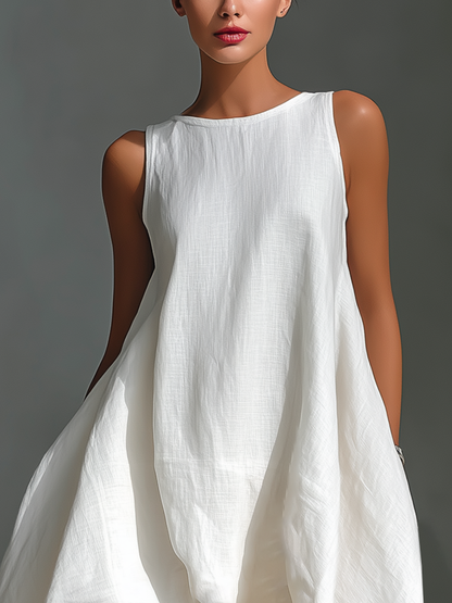 Effortless Linen Midi Dress for Women with Round Neck Asymmetric Hem Sleeveless Flowing Casual Summer Style