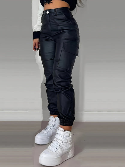 Effortless Black Leather Cargo Pants for Women with High Waist Jogger Fit Elastic Cuff Streetwear Style