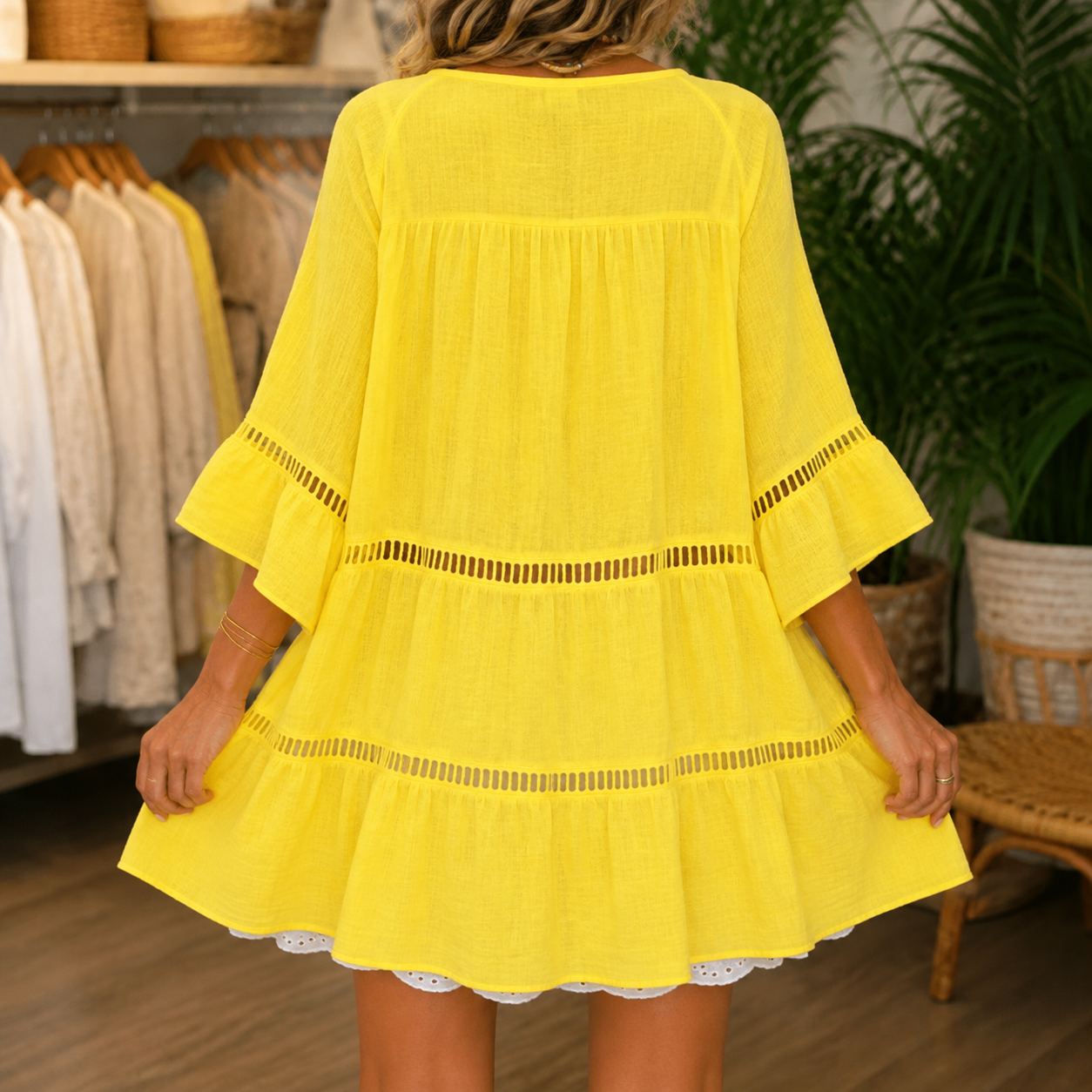 Effortless Crochet Trim Linen Mini Dress for Women with V Neck Bell Sleeve Button Front Boho Style
