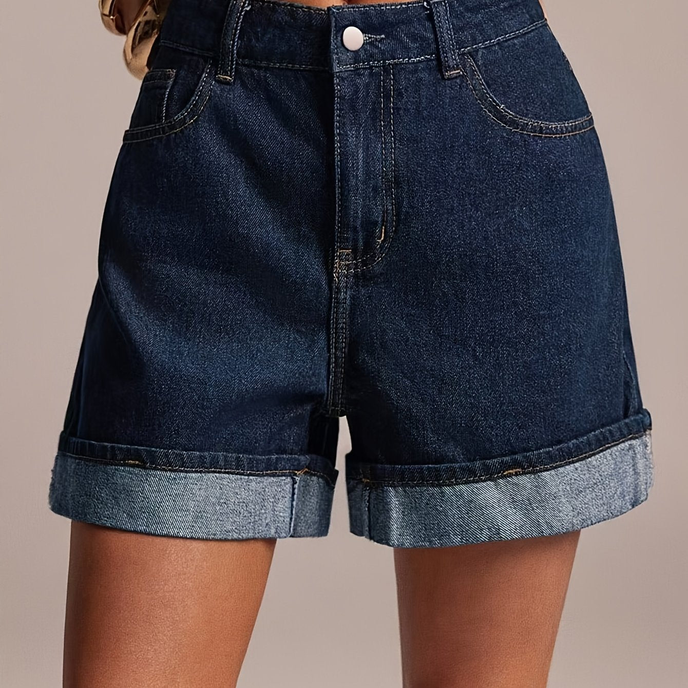 Effortless Medium Blue Jean Shorts for Women with High Waist Cuffed Pocket Relaxed Style