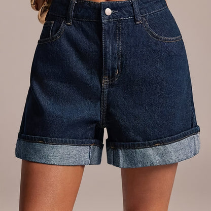 Effortless Medium Blue Jean Shorts for Women with High Waist Cuffed Pocket Relaxed Style