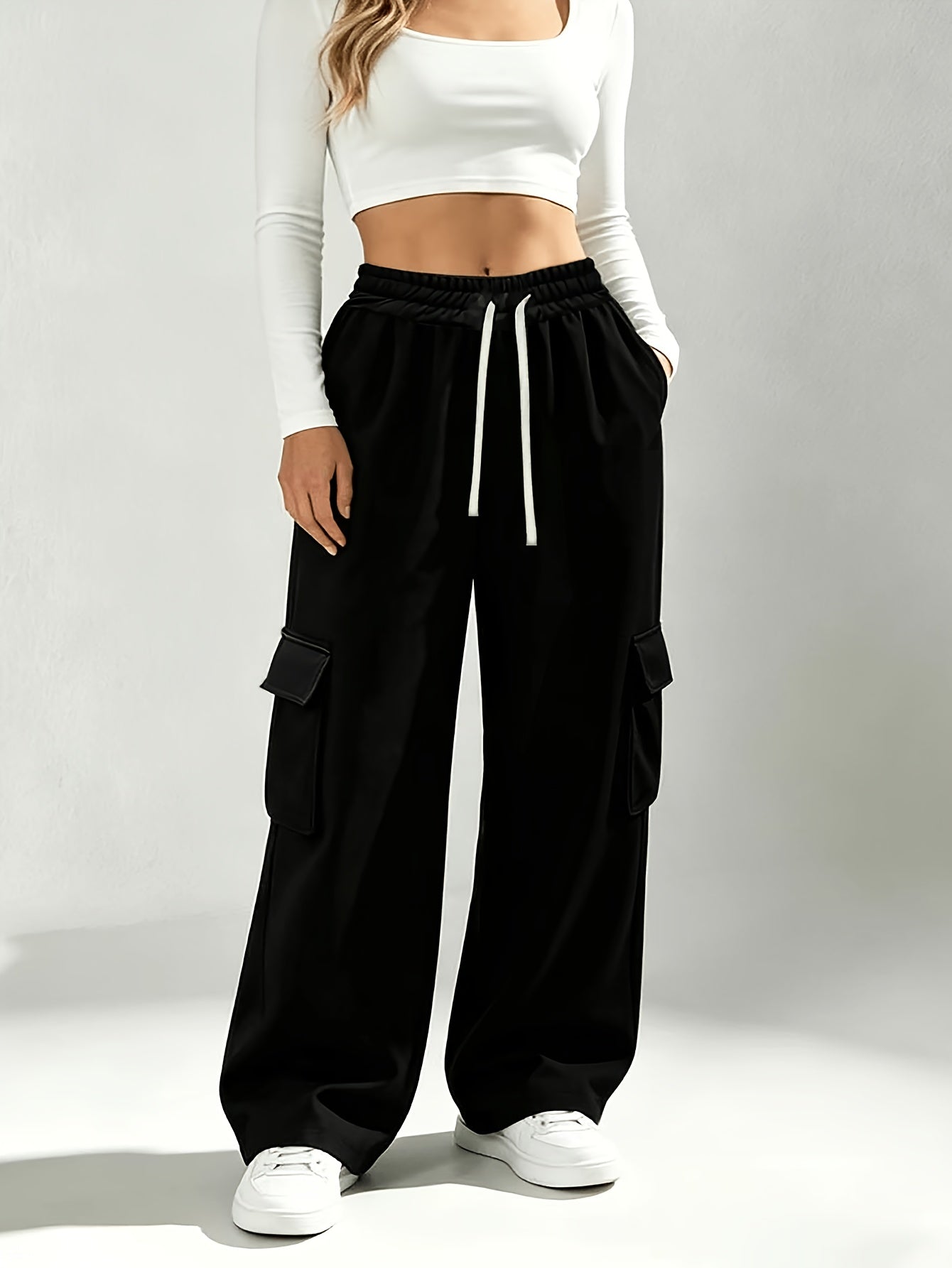 Effortless Black Cargo Pants for Women with High Waist Drawstring Wide Leg Relaxed Style