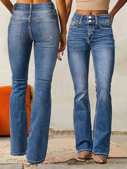 Effortless Medium Blue Flare Jeans for Women with High Waist Button Front Bootcut Relaxed Style