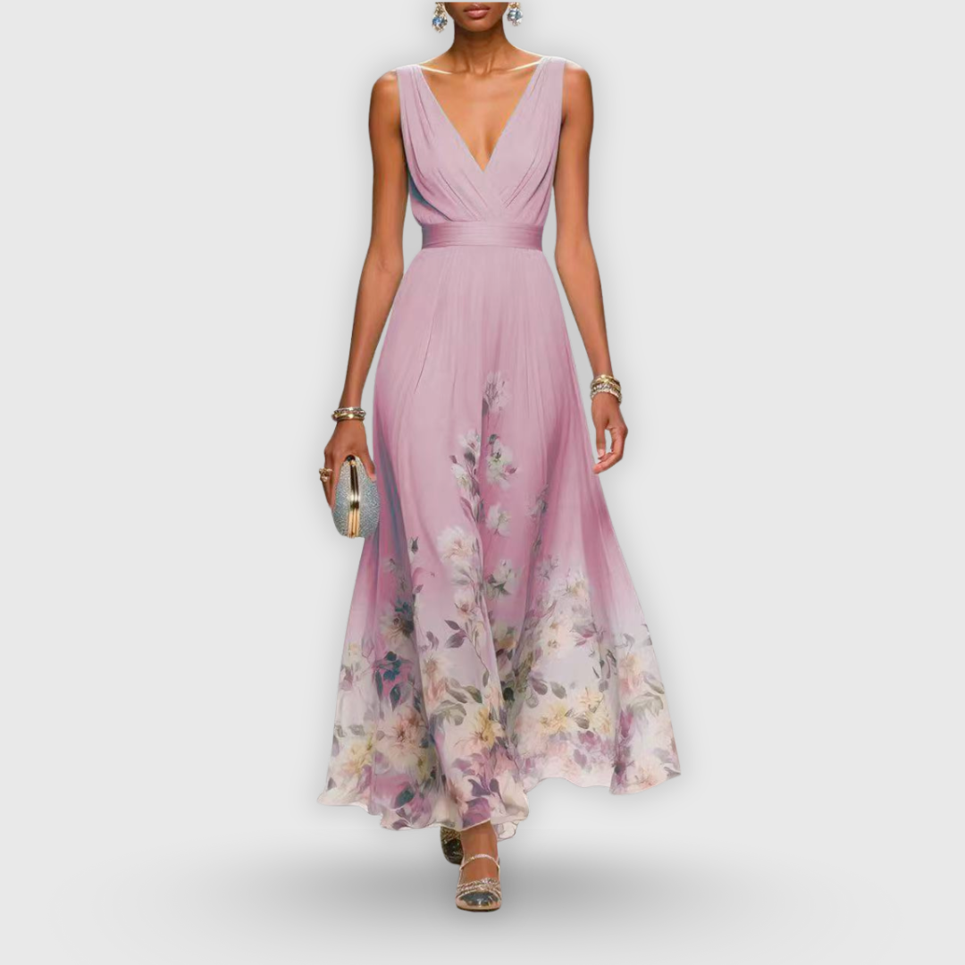 Elegant Floral Maxi Dress for Women with Deep V Neck Sleeveless Chiffon Flowy Summer Style