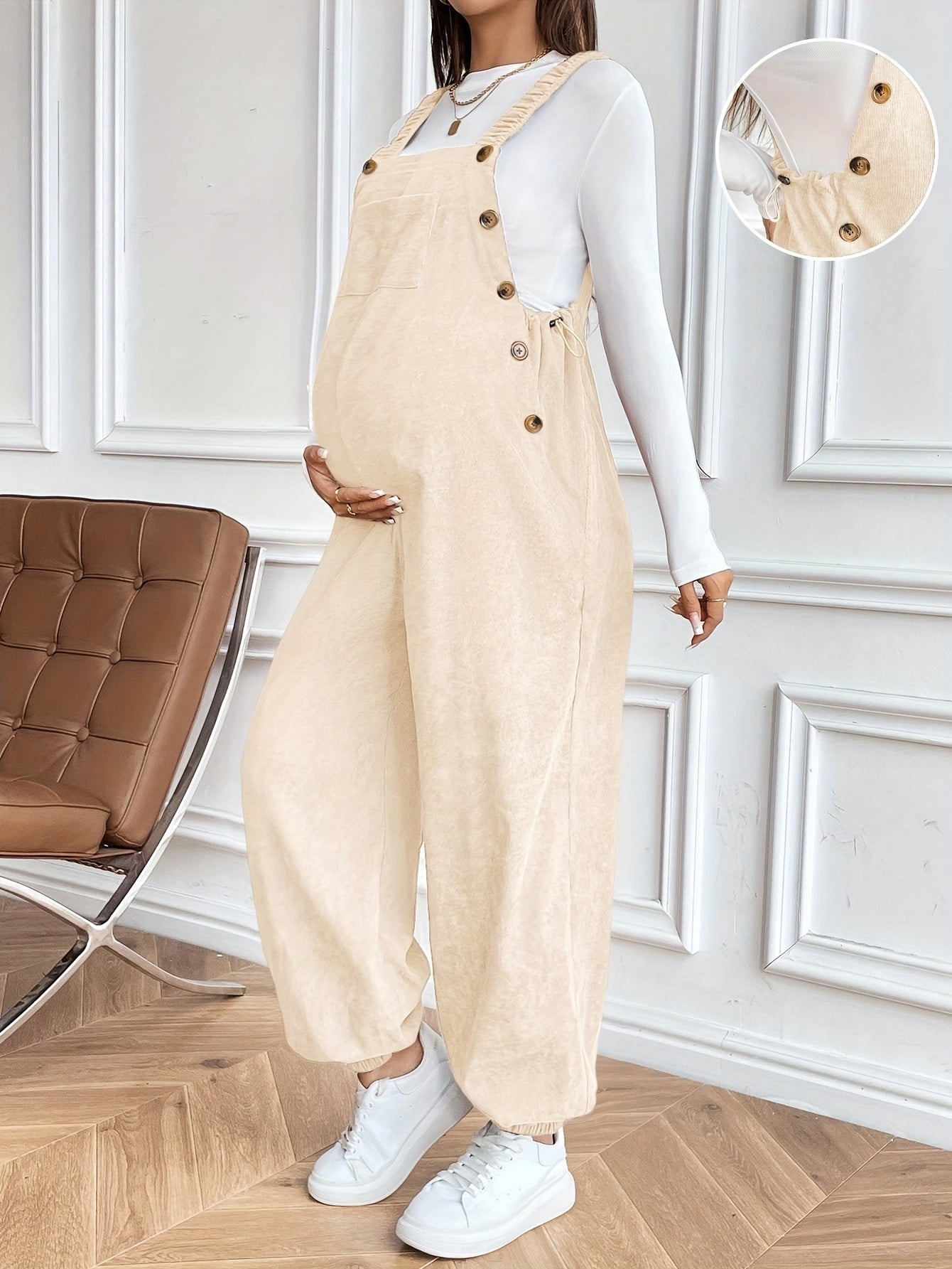 Effortless Corduroy Maternity Overalls for Women with Square Neck Sleeveless Wide Leg Relaxed Style