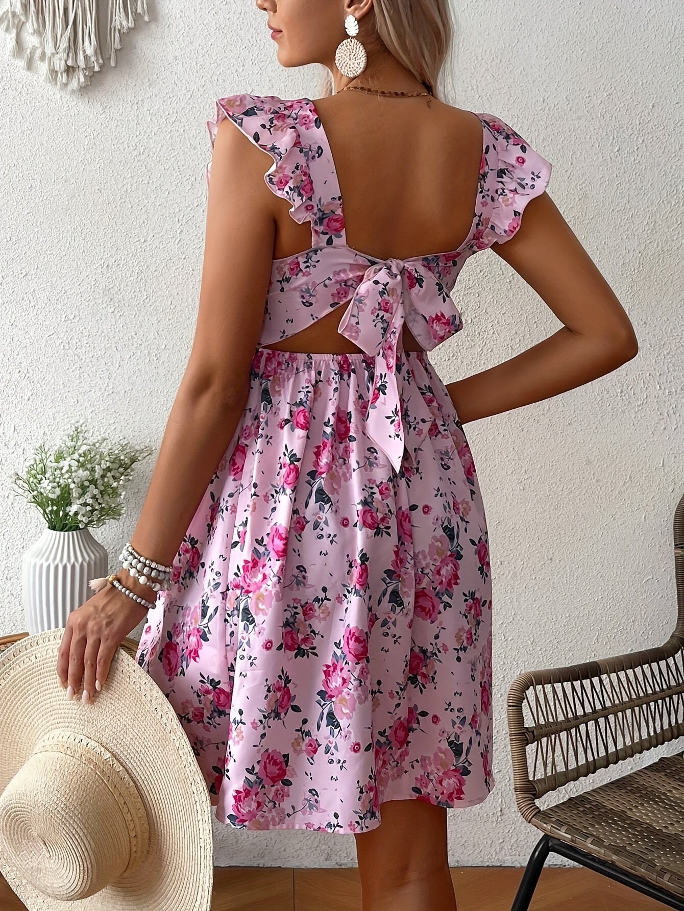 Effortless Floral Maternity Mini Dress for Women with Square Neck Ruffle Sleeve Tie Back Cutout Style
