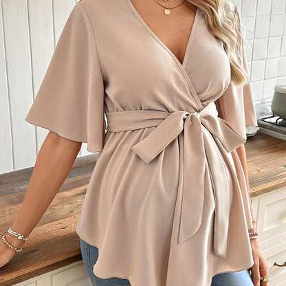 Effortless Maternity Wrap Blouse for Women with V Neck Flutter Sleeve Tie Waist Peplum Style