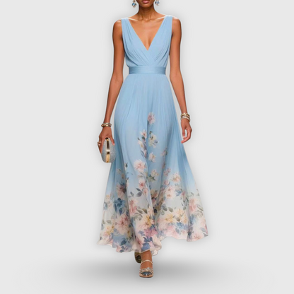 Elegant Floral Maxi Dress for Women with Deep V Neck Sleeveless Chiffon Flowy Summer Style