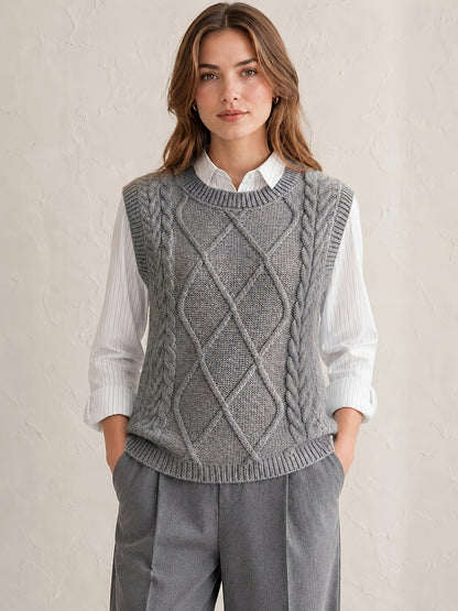 Cozy Cable Knit Sweater Vest for Women with Round Neck Sleeveless Diamond Relaxed Style