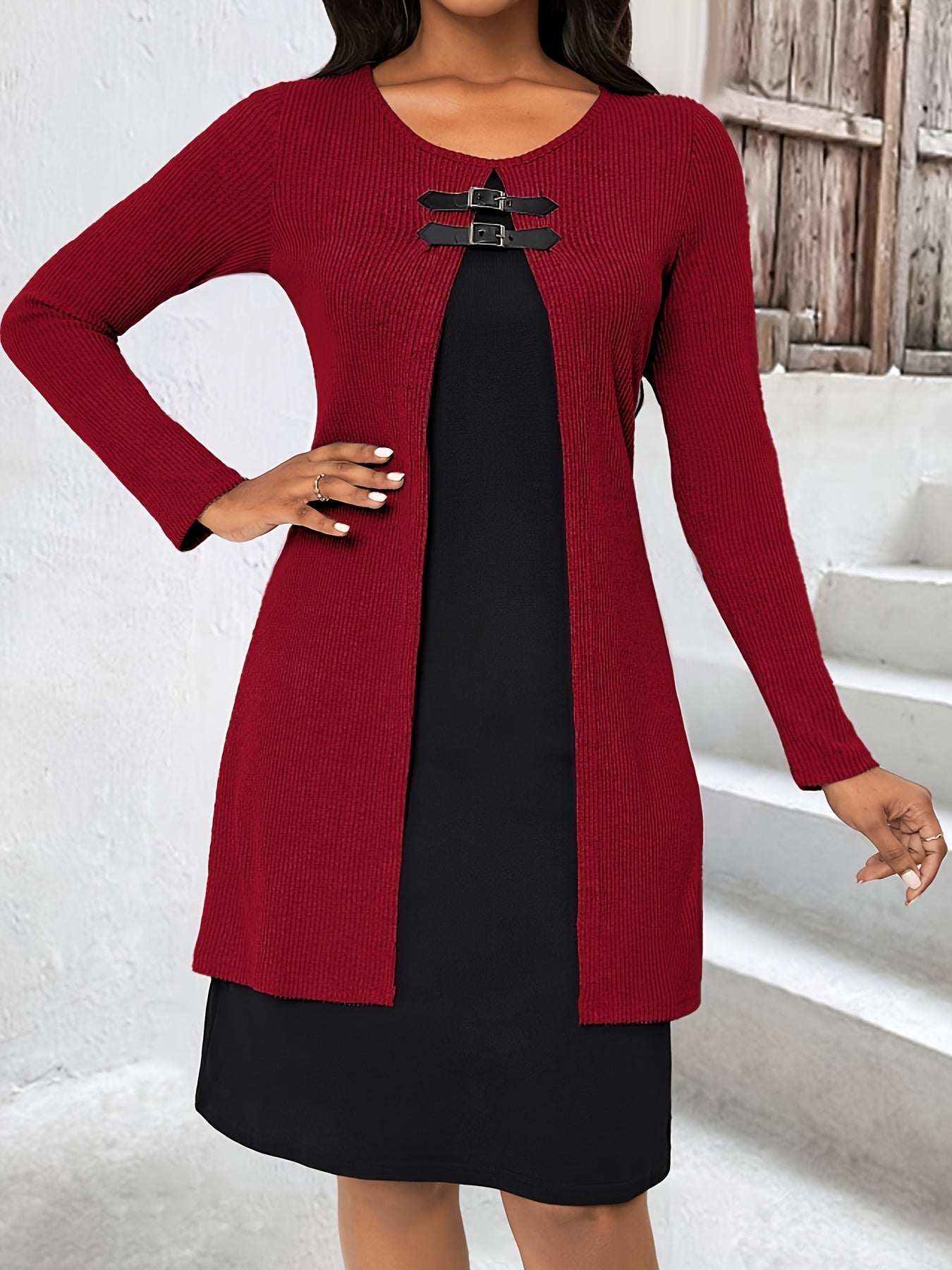 Elegant Ribbed Knit Two Tone Midi Dress for Women with Round Neck Long Sleeve Buckle Detail Layered Style