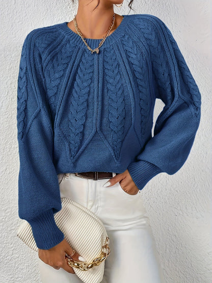 Comfortable Cable Knit Sweater for Women with Round Neck Balloon Sleeve Cropped Oversized Style
