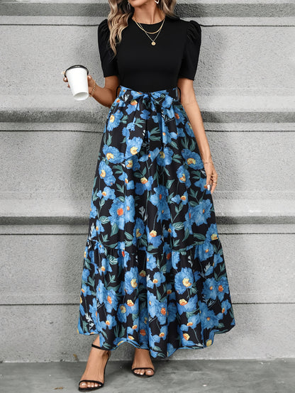 Elegant Blue And Black Dress for Women with Round Neck Puff Sleeve Floral Tiered Maxi Bohemian Style