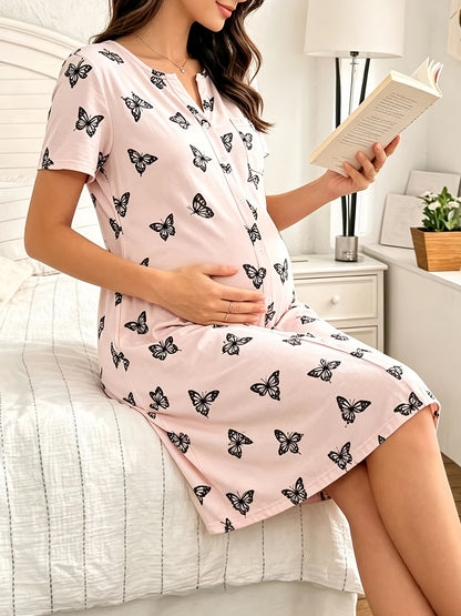 Comfortable Printed Maternity Nightgown for Women with Round Neck Short Sleeve Button Front Relaxed Style