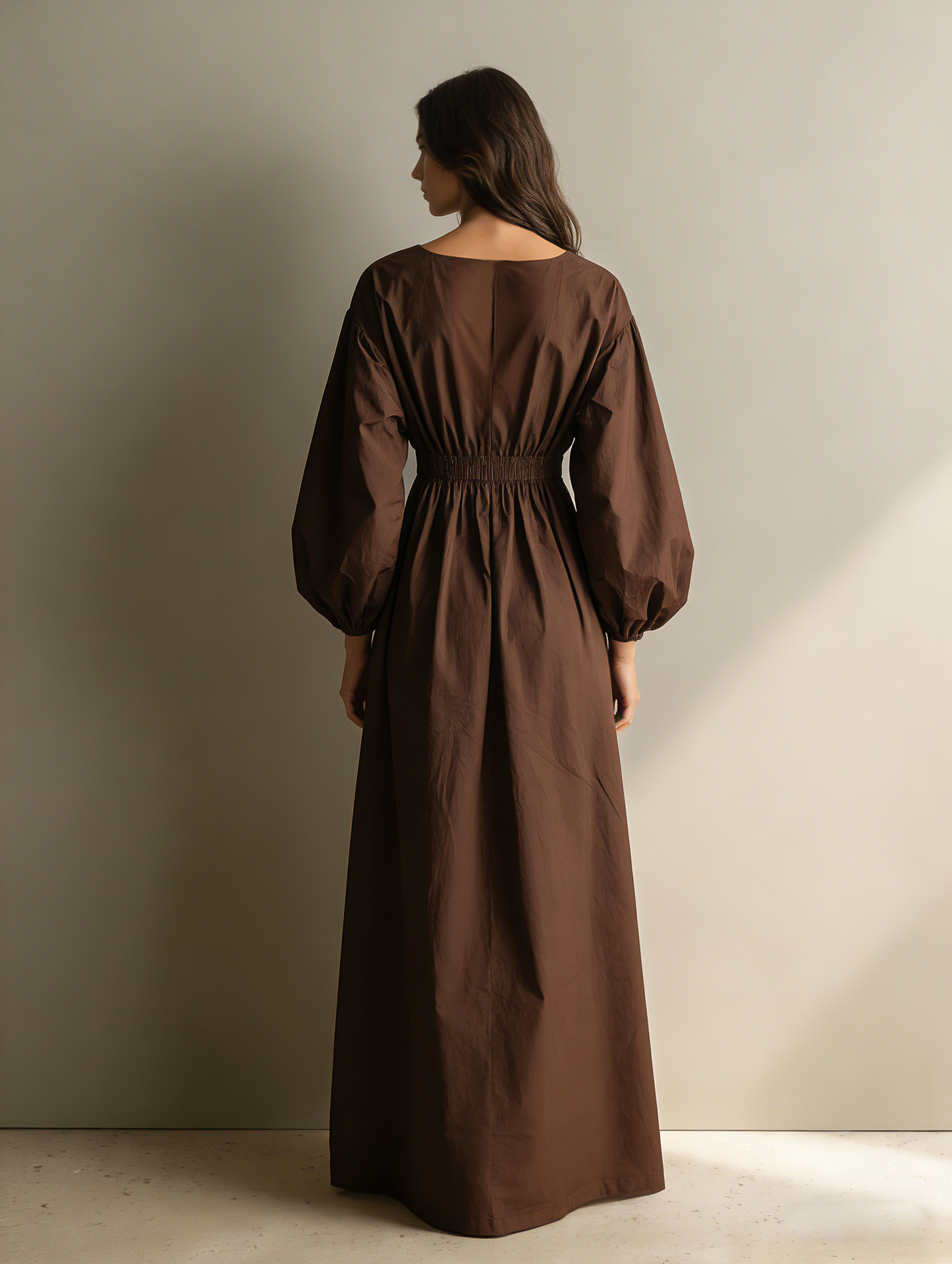 Effortless Brown Maxi Dress for Women with V Neck Puff Sleeve Elastic Waist Linen Flowing Casual Style