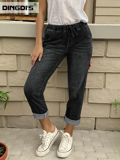 Effortless Black Denim Mom Jeans for Women with High Waist Drawstring Cuffed Tapered Style