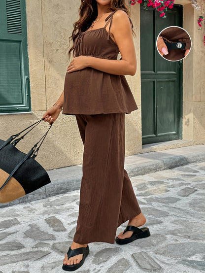 Comfortable Maternity Two Piece Set for Women with Spaghetti Strap Tie Back Tank Top Wide Leg Pants Casual Style