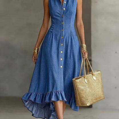 Effortless Blue Denim Dress for Women with Collar Sleeveless Button Front High Low Ruffle Style