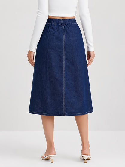 Effortless Medium Blue Denim Midi Skirt for Women with Button Front A Line Pleated Style