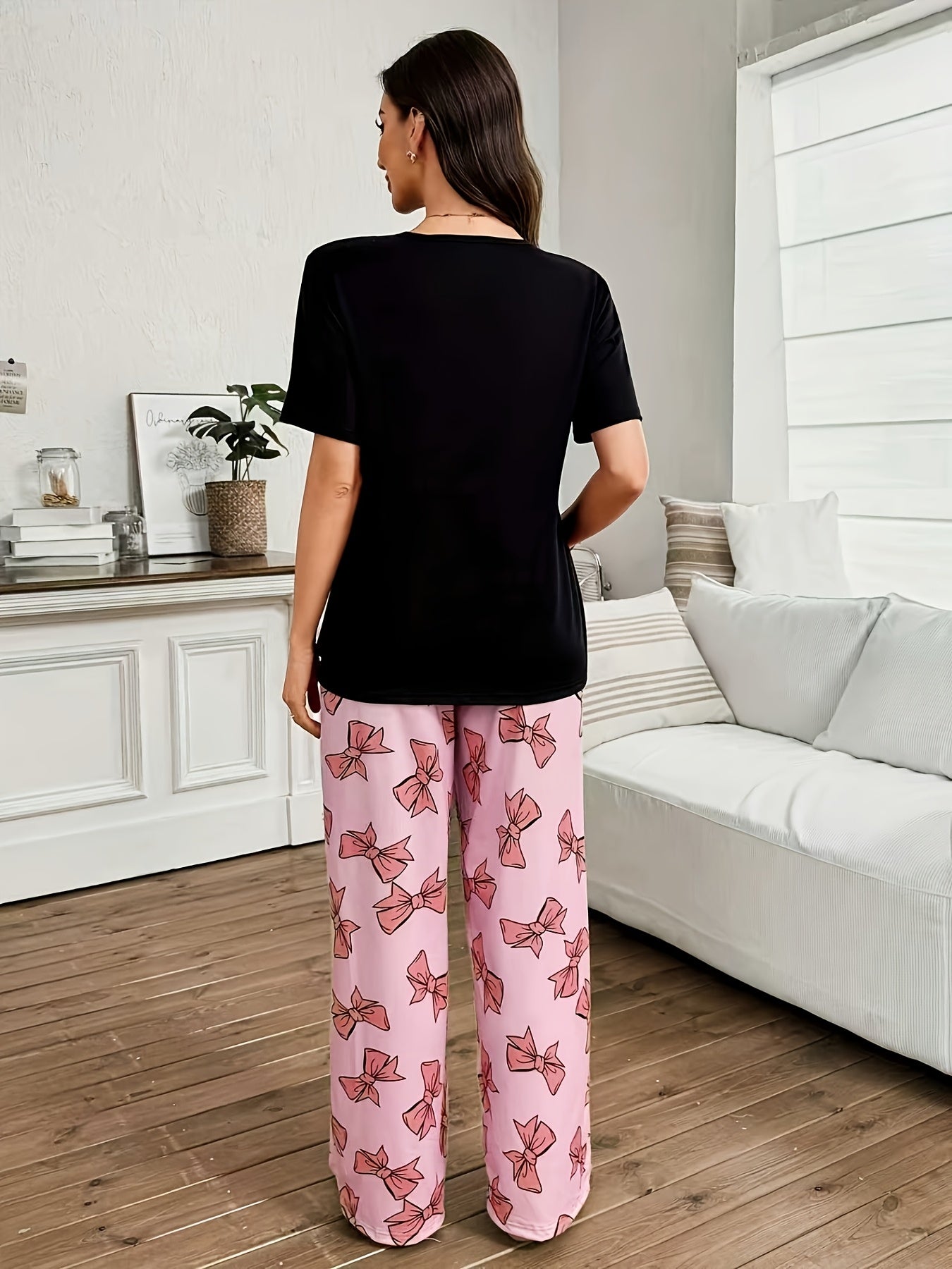 Comfortable Bow Print Maternity Pajama Set for Women with Round Neck Short Sleeve Wide Leg Two Piece Style
