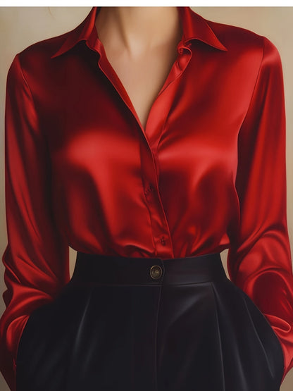 Elegant Satin Long Sleeve Shirt for Women with Collar Button Front Relaxed Silky Style