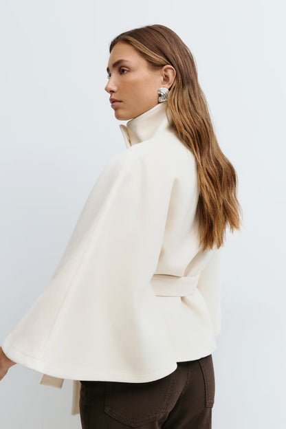 Elegant Cream Wool Winter Coat for Women with Funnel Neck Cape Sleeve Belted Cropped Style