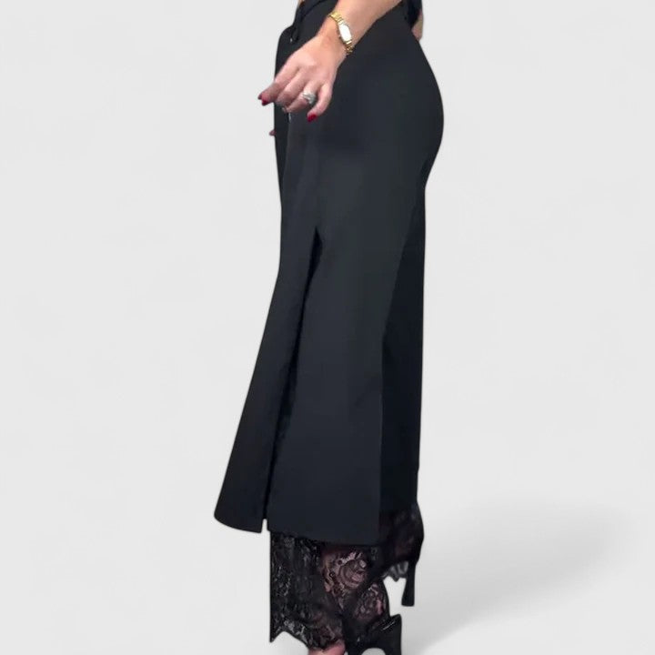 Elegant Black Wide Leg Pants for Women with High Waist Lace Trim Belted Slit Flowing Style