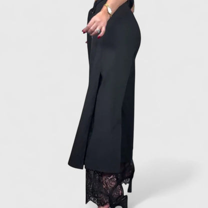 Elegant Black Wide Leg Pants for Women with High Waist Lace Trim Belted Slit Flowing Style
