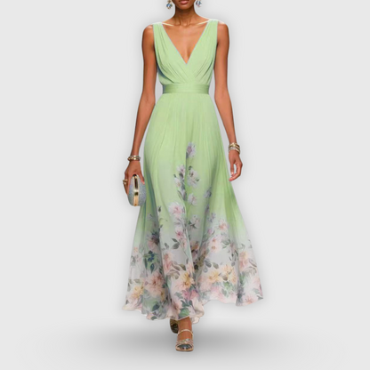 Elegant Floral Maxi Dress for Women with Deep V Neck Sleeveless Chiffon Flowy Summer Style