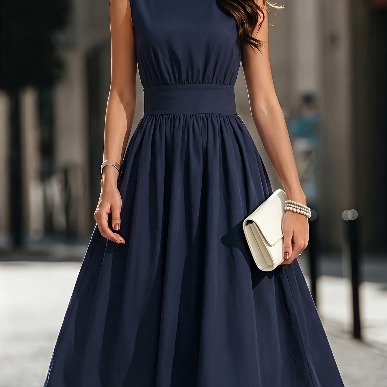 Refined Semi Formal Dress for Women with Round Neck Sleeveless Shirred Waist Fit and Flare Midi Party Style