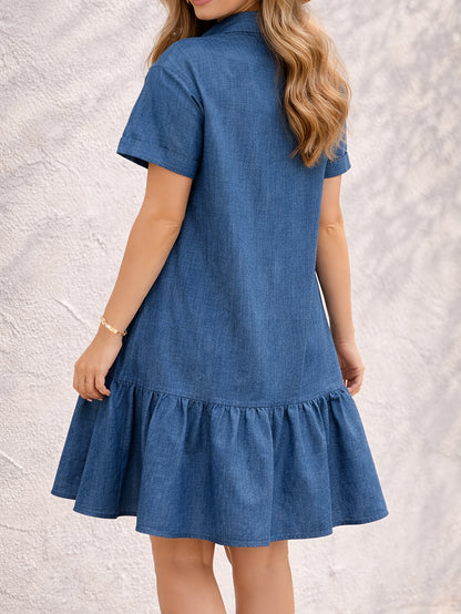 Effortless Blue Denim Dress for Women with Collar Short Sleeve Button Front Tiered Casual Style