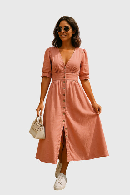 Effortless Denim Midi Dress for Women with V-Neck Button Front Tie Sleeve Casual Style