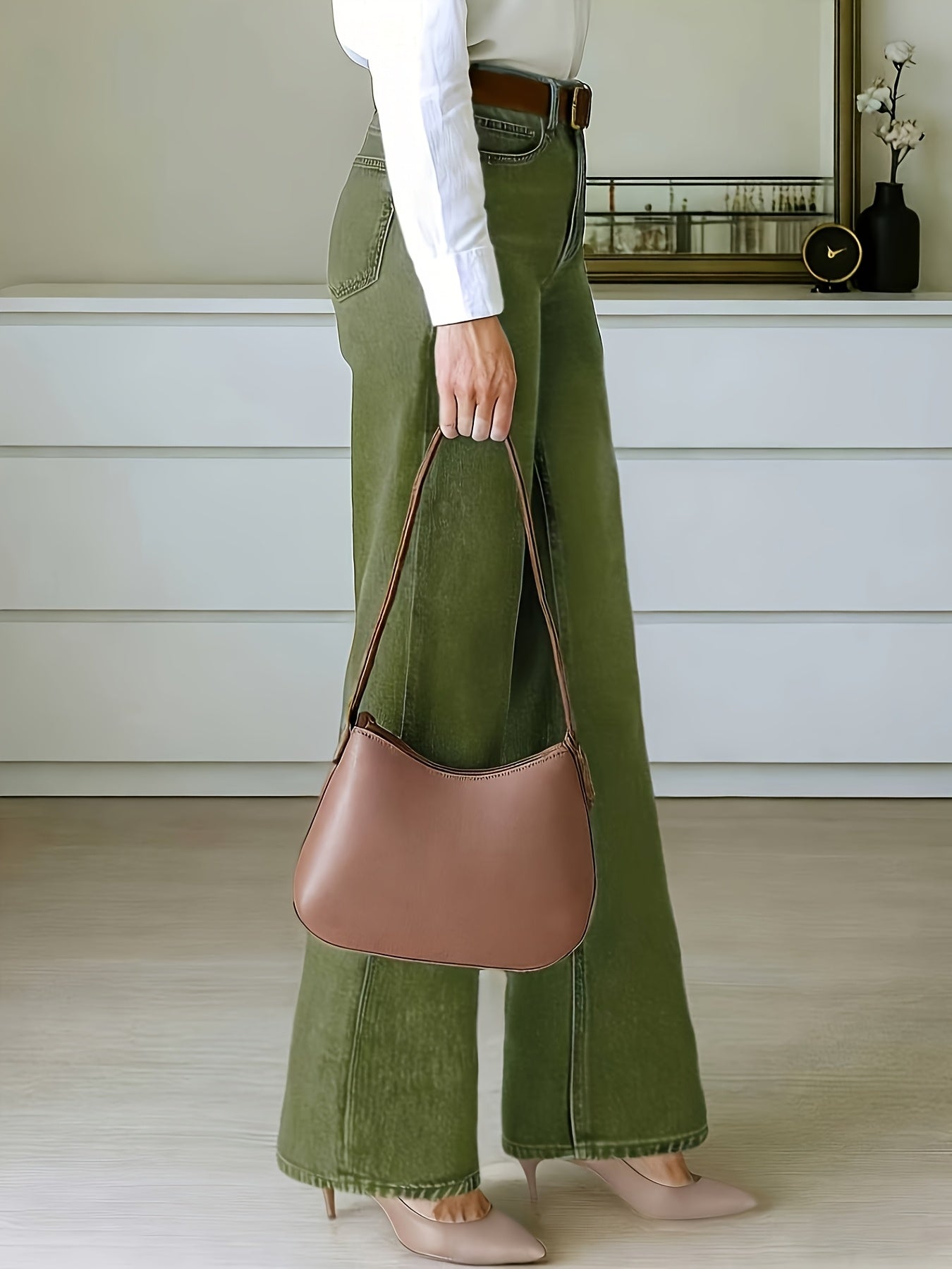 Effortless Fern Green Flare Jeans for Women with High Waist Stretch Wide Leg Style