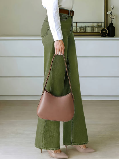 Effortless Fern Green Flare Jeans for Women with High Waist Stretch Wide Leg Style