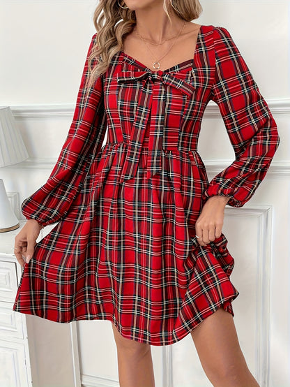 Elegant Red Plaid Christmas Party Dress for Women with Sweetheart Neck Lantern Sleeve Bow Tie Fit and Flare Style