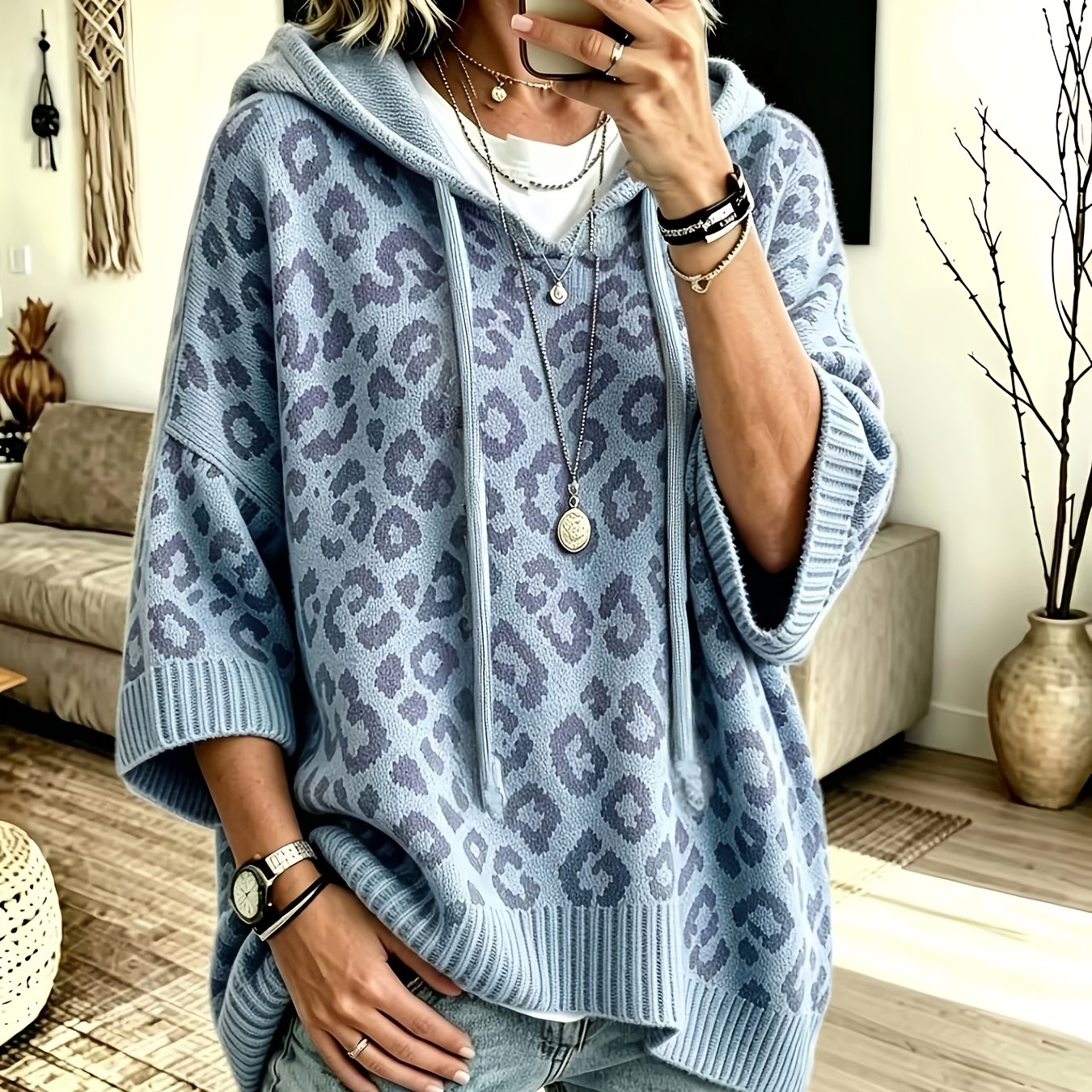 Comfortable Leopard Print Oversized Hoodie for Women with Hooded Neck Batwing Sleeve Drawstring Knit Style