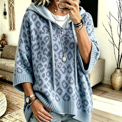Comfortable Leopard Print Oversized Hoodie for Women with Hooded Neck Batwing Sleeve Drawstring Knit Style