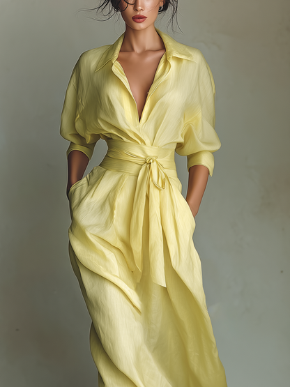 Margot | Yellow Elegant Shirt Dress for Women in Casual Maxi Long Style