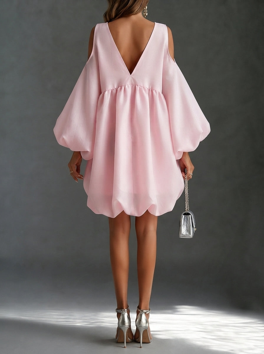 Elegant Pink Cocktail Dress for Women with V Neck Cold Shoulder Balloon Sleeve Bubble Hem Style