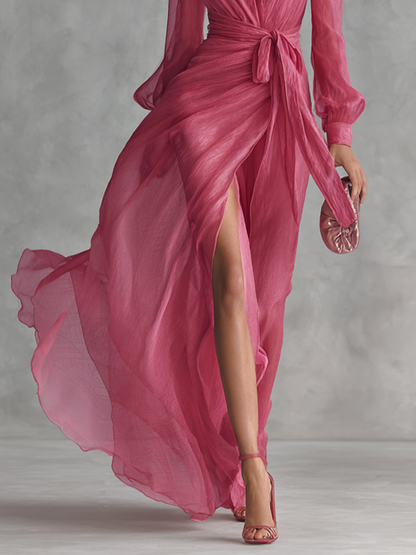 Elegant Pink Dresses for Women with V Neck Tie Waist Long Sleeve Chiffon Side Slit Formal Wedding Guest Style