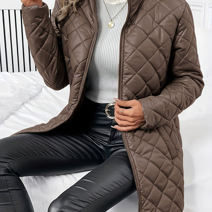 Elegant Coffee Brown Quilted Coat for Women with Stand Collar Long Sleeve Zip Front Longline Style