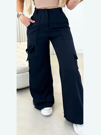 Effortless Black Cargo Wide Leg Pants for Women with High Waist Pocket Style