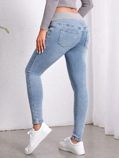 Comfortable Light Blue Maternity Jeans for Women with Elastic Belly Panel Skinny Fit Relaxed Style