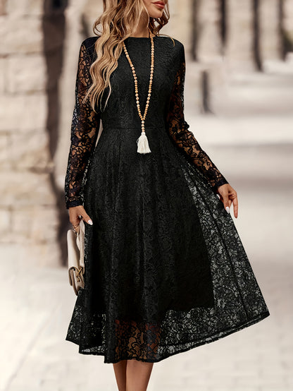 Elegant Black Lace Long Sleeve Wedding Dress for Women with Round Neck Fit And Flare Flowing Style