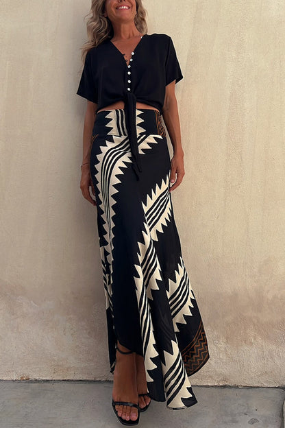 Effortless Geometric Print Maxi Skirt for Women with High Waist Asymmetrical Hem Bohemian Style