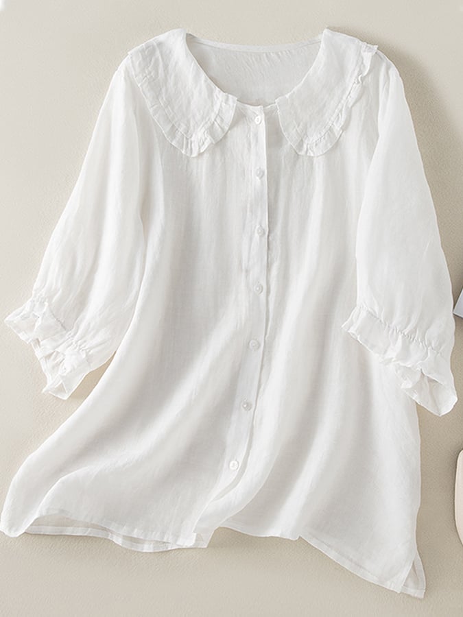 Effortless Linen Ruffle Shirt for Women with Peter Pan Collar Elbow Sleeve Button Front Relaxed Style