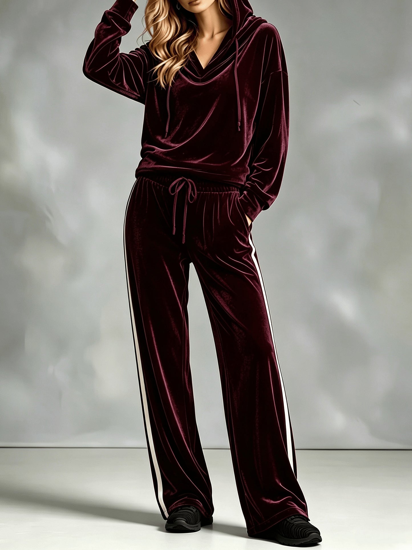 Cozy Velvet Sweatsuit for Women with Cowl Neck Long Sleeve Drawstring Side Stripe Relaxed Style